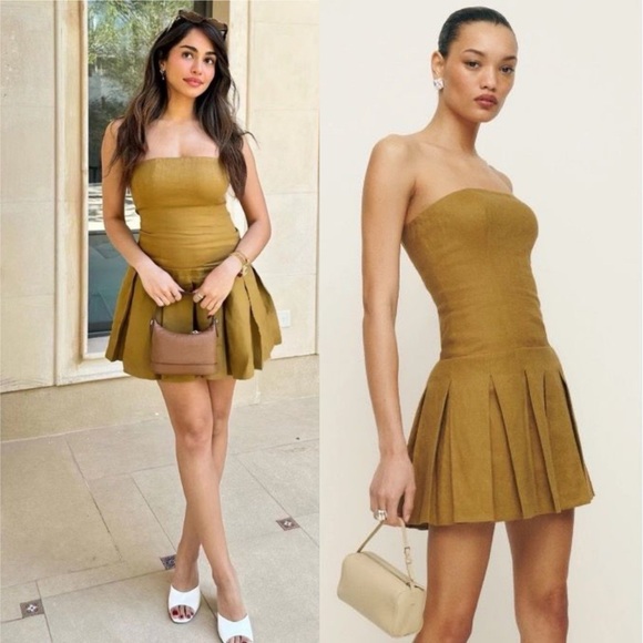 NWT Reformation Isabeli Strapless Linen Pleated Mini Dress Ginger